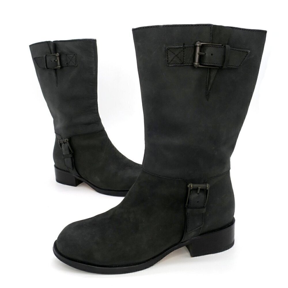 Cole Haan Air Leora Mid Calf Black Leather Moto Boots Buckles Women's 7B